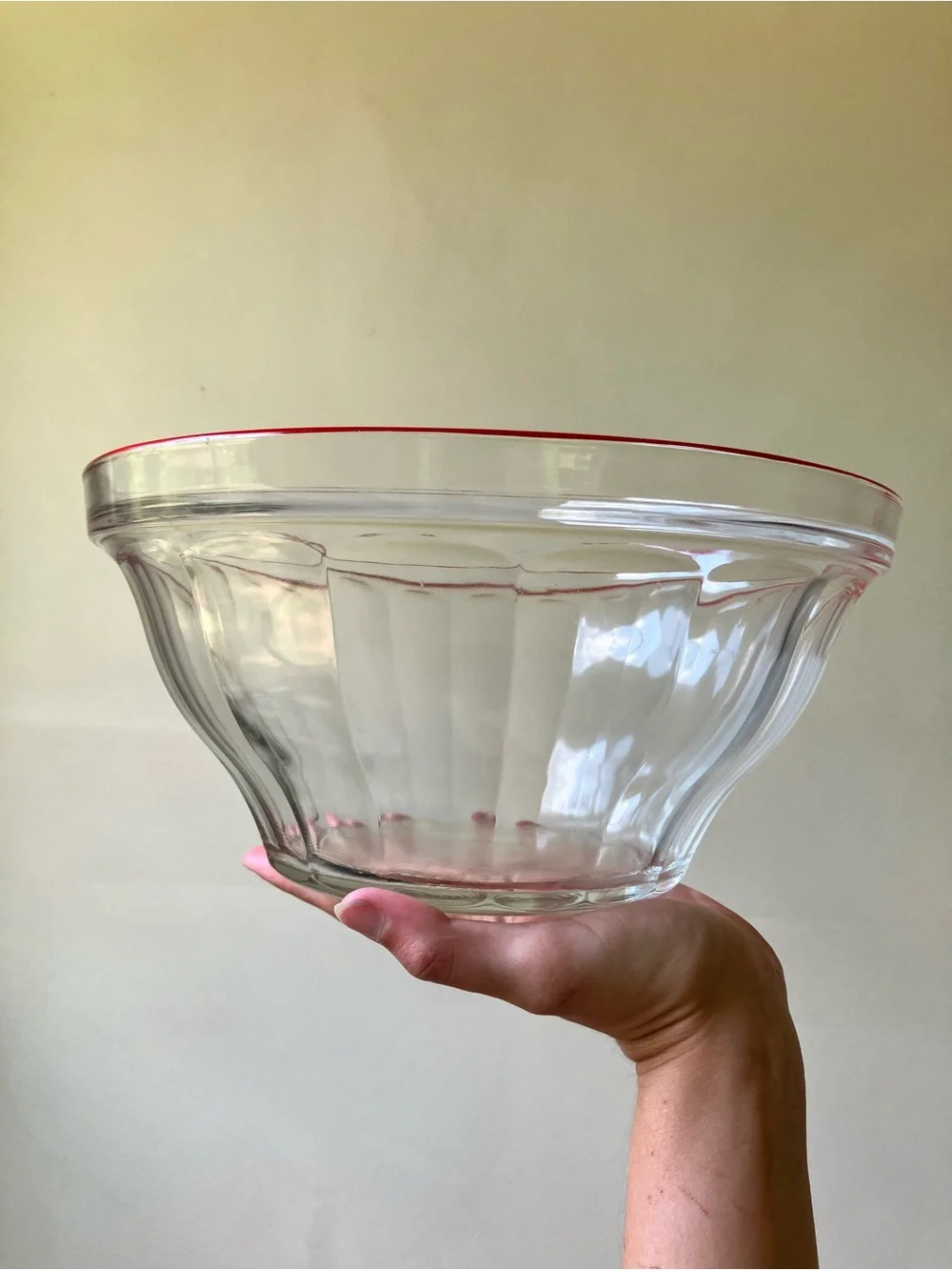 Duralex | Vintage 1950s MCM Red Rim Punch Bowl Set with 6 Clear Glass Cups
